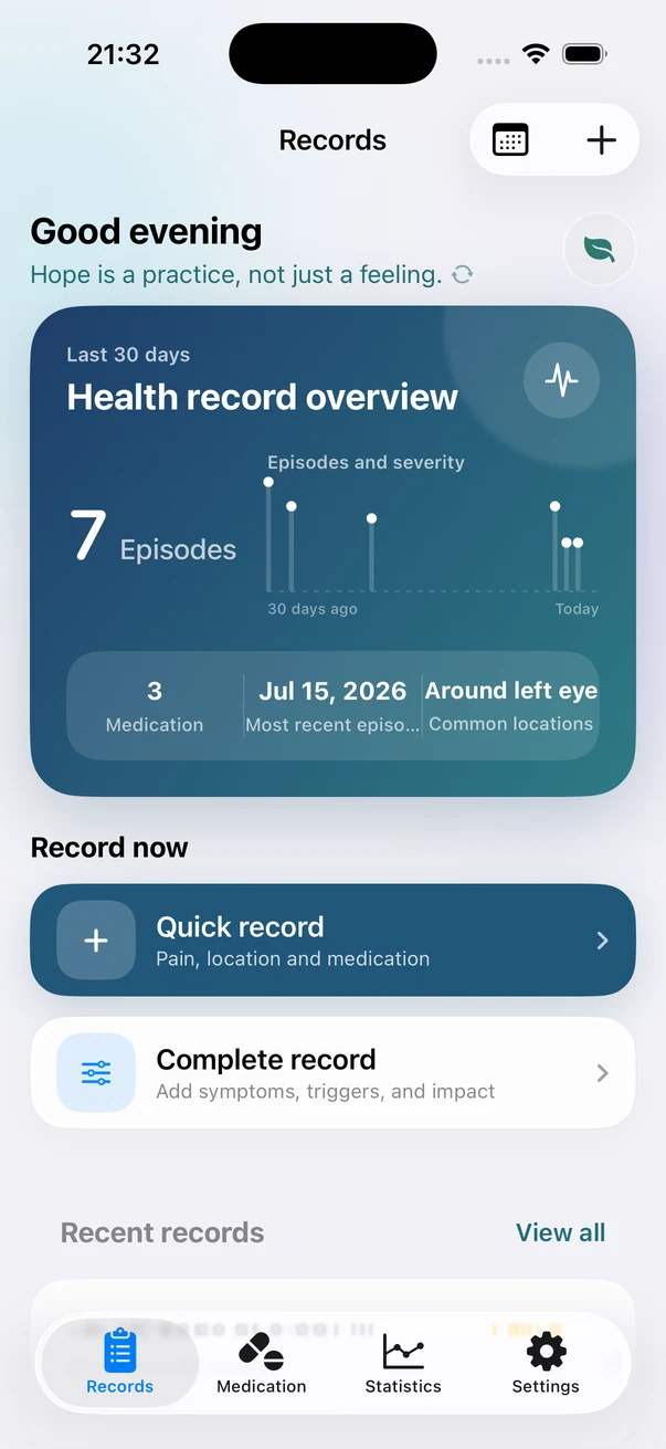 Real screenshot of the Headache app dashboard