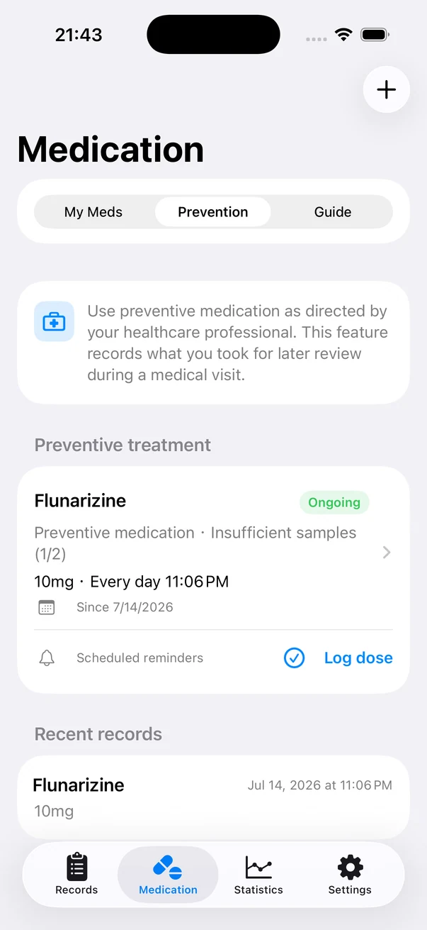 Real screenshot of preventive treatment plans in Headache