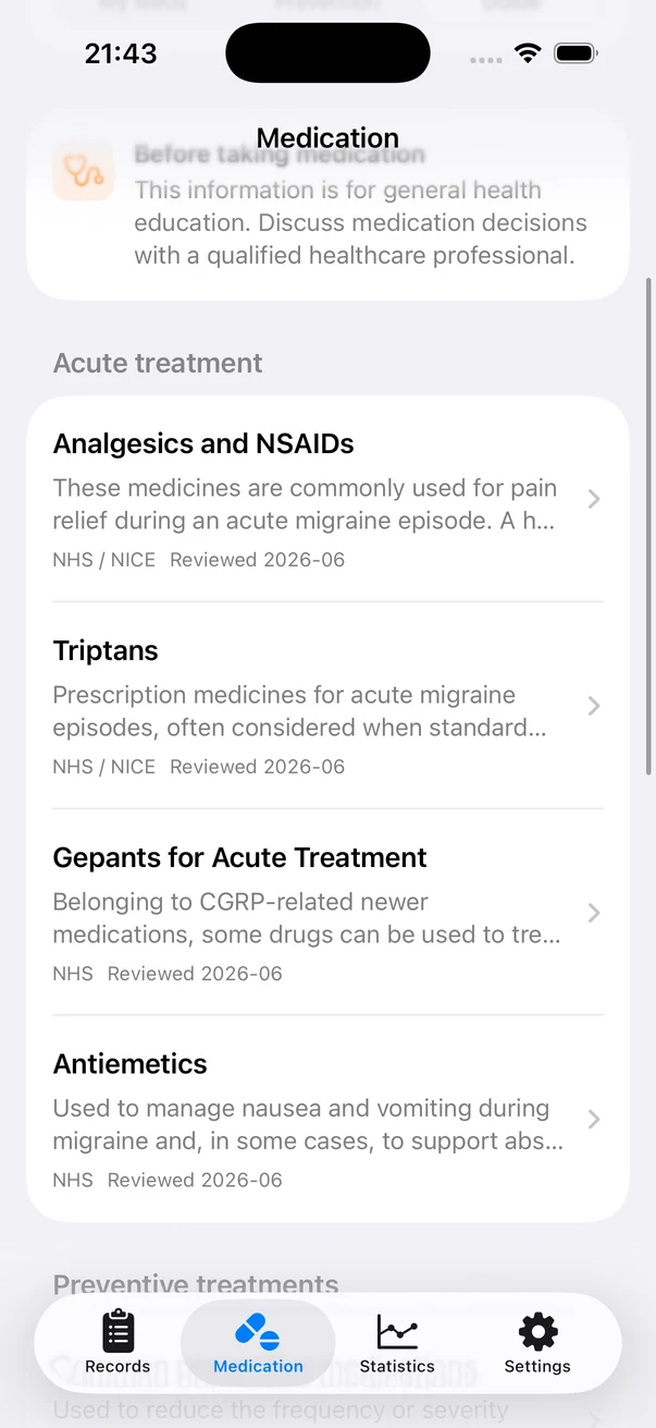 Real screenshot of the Headache medication guide