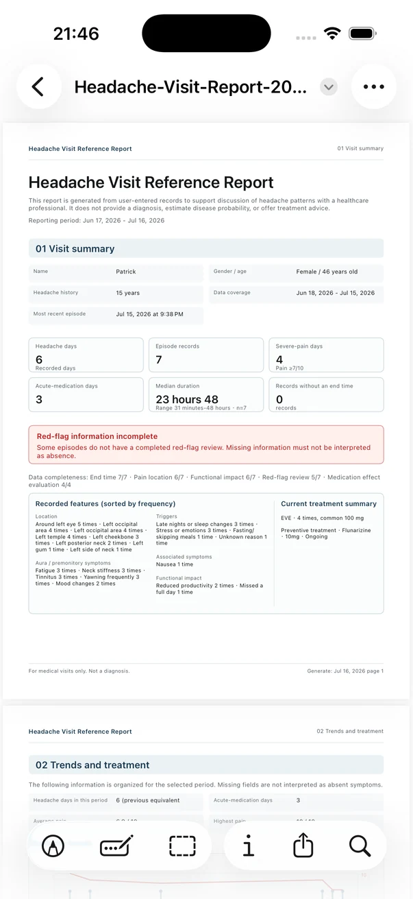 Real screenshot of a Headache app visit report