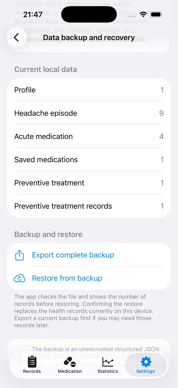 Real screenshot of backup and restore in Headache